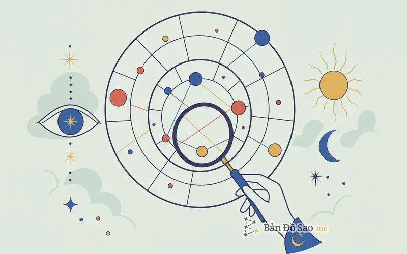 Minh họa cách đọc synastry chart theo từng bước với biểu đồ so sánh hai lá số