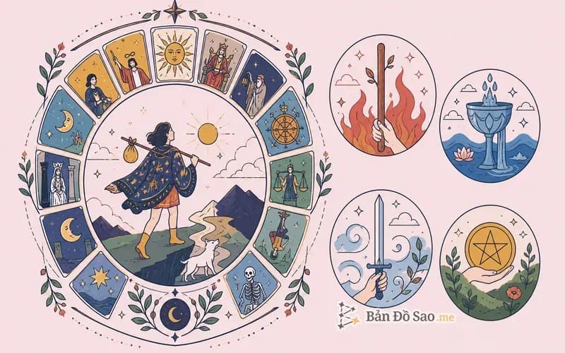 Cấu trúc bộ bài Tarot gồm Ẩn Chính và bốn nguyên tố Ẩn Phụ