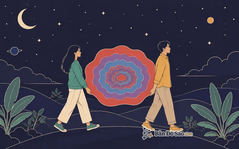 Minh họa hai người cùng bước đi với một khối nhiều lớp nằm giữa hai người, mỗi người giữ một bên