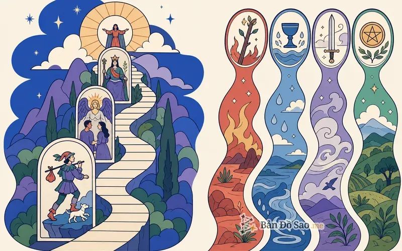 Cấu trúc 78 lá Tarot: Ẩn Chính là hành trình lớn, Ẩn Phụ là bốn dòng nguyên tố