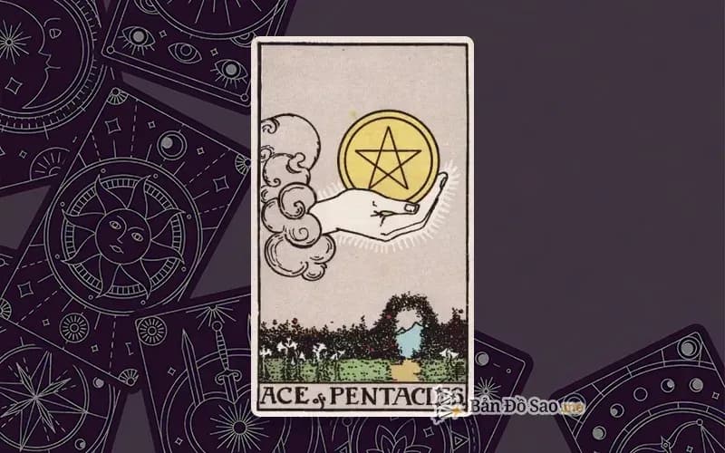 Lá bài Tarot Ace of Pentacles trong bộ Rider Waite Smith với ý nghĩa thịnh vượng mới, cơ hội tài chính và phúc lộc