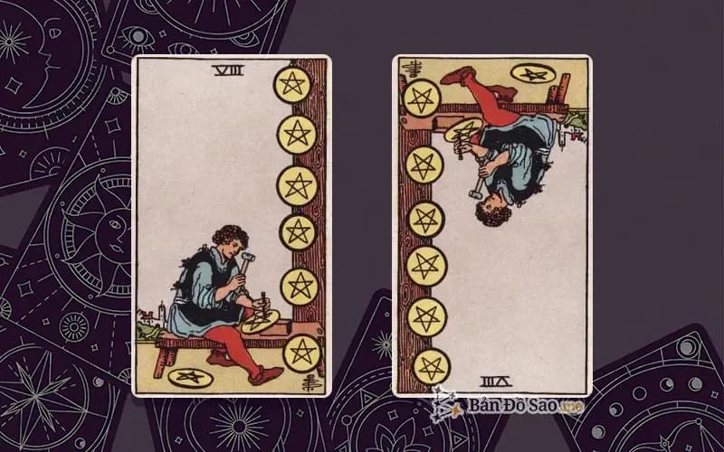 Lá bài Eight of Pentacles xuôi và ngược, so sánh chiều