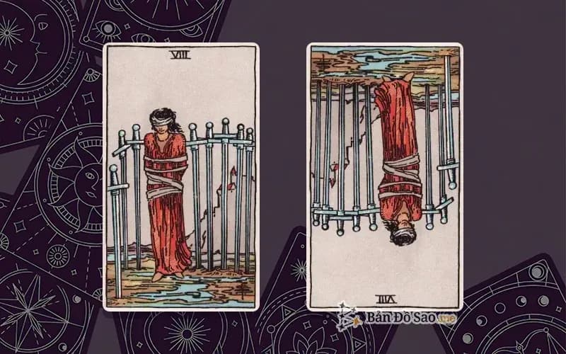 Lá bài Eight of Swords xuôi và ngược, so sánh chiều