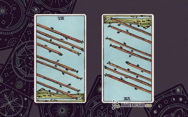 Lá bài Eight of Wands xuôi và ngược, so sánh chiều