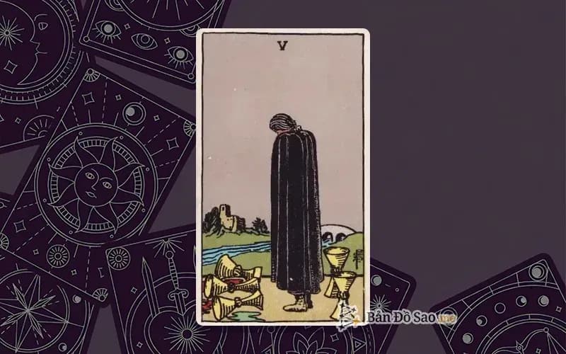 Lá bài Tarot Five of Cups trong bộ Rider Waite Smith với ý nghĩa mất mát, buồn bã và tiếc nuối