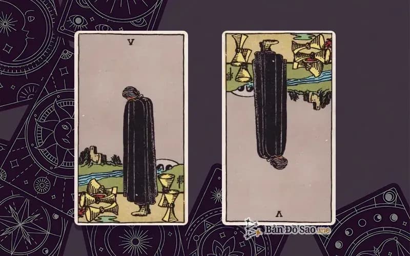 Lá bài Five of Cups xuôi và ngược, so sánh chiều
