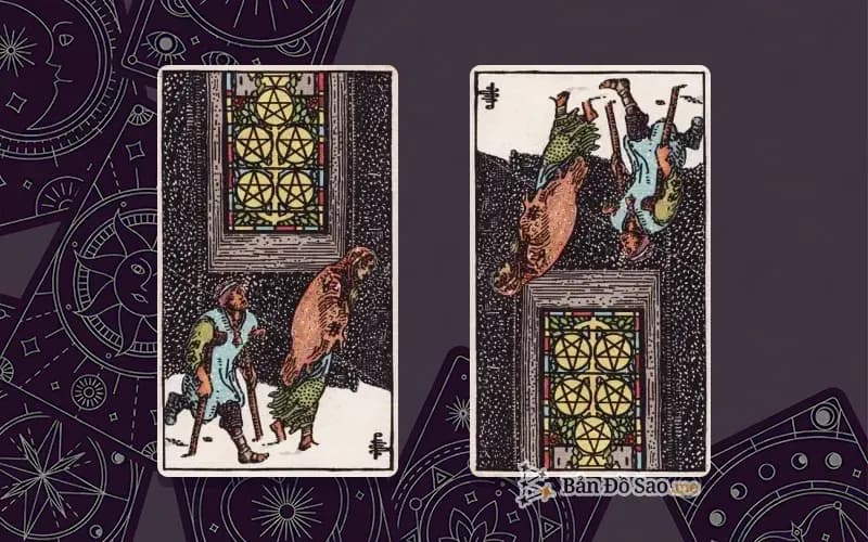 Lá bài Five of Pentacles xuôi và ngược, so sánh chiều