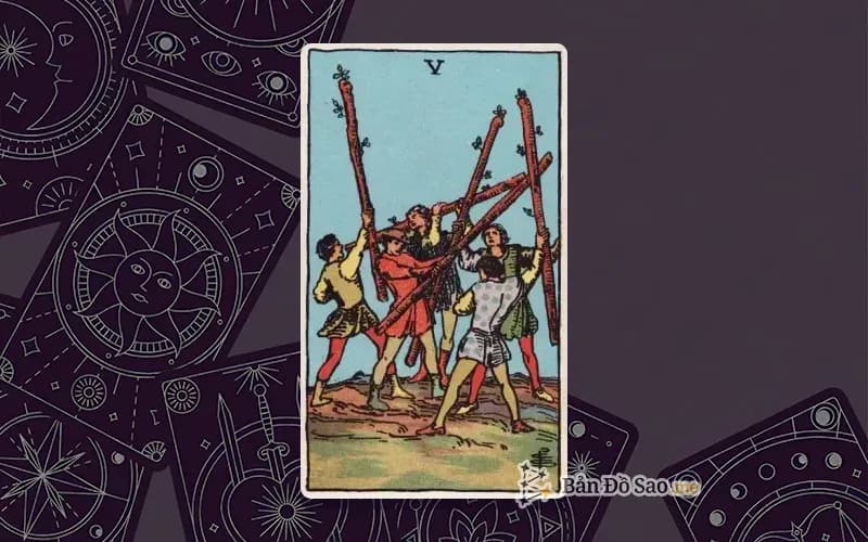 Lá bài Tarot Five of Wands trong bộ Rider Waite Smith với ý nghĩa cạnh tranh, xung đột và ma sát