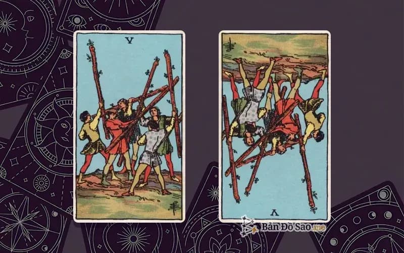 Lá bài Five of Wands xuôi và ngược, so sánh chiều