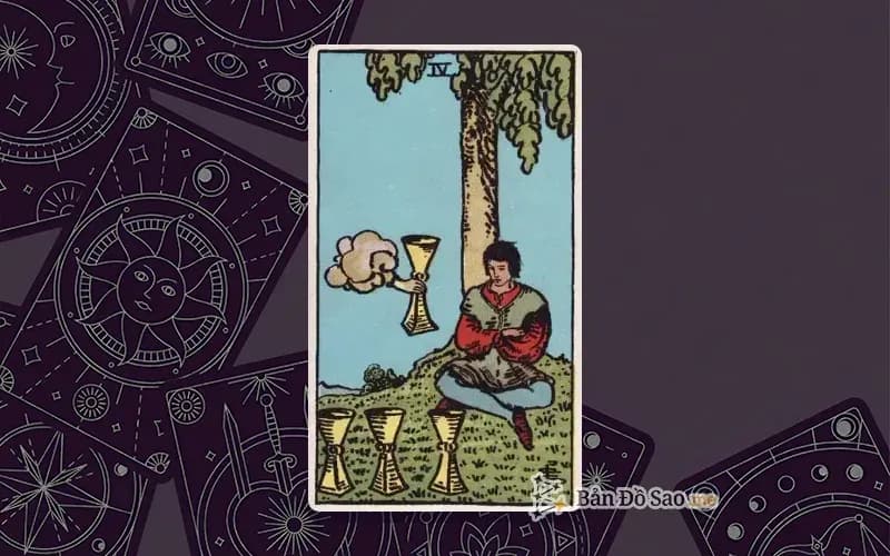 Lá bài Tarot Four of Cups trong bộ Rider Waite Smith với ý nghĩa thờ ơ, chán nản và bỏ lỡ cơ hội