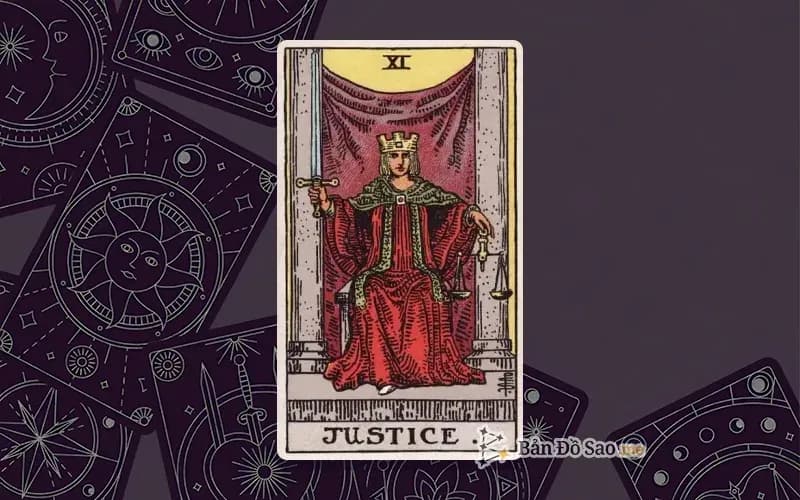 Lá bài Tarot Justice trong bộ Rider Waite Smith với ý nghĩa sự thật, công bằng và trách nhiệm