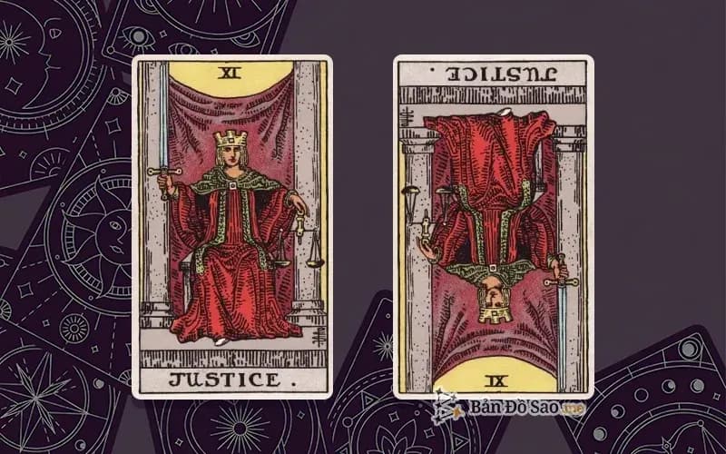 Lá bài Justice xuôi và ngược, so sánh chiều