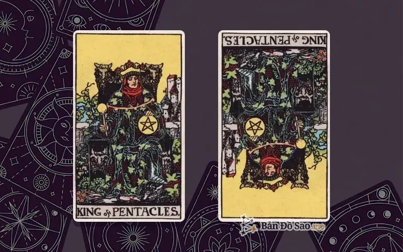 Lá bài King of Pentacles xuôi và ngược, so sánh chiều