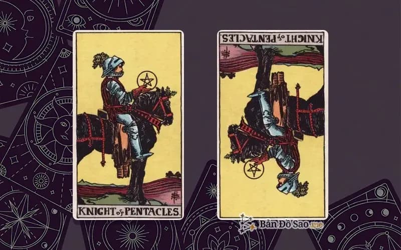 Lá bài Knight of Pentacles xuôi và ngược, so sánh chiều