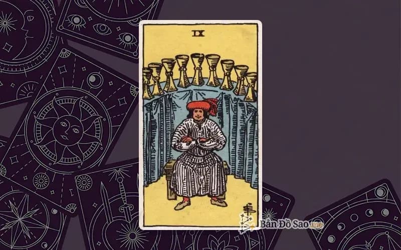 Lá bài Tarot Nine of Cups trong bộ Rider Waite Smith với ý nghĩa ước nguyện, thỏa mãn và hạnh phúc trọn vẹn