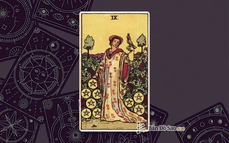 Lá bài Tarot Nine of Pentacles trong bộ Rider Waite Smith với ý nghĩa phong phú, độc lập và thành công