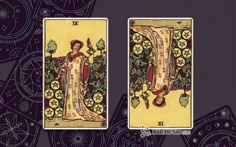 Lá bài Nine of Pentacles xuôi và ngược, so sánh chiều