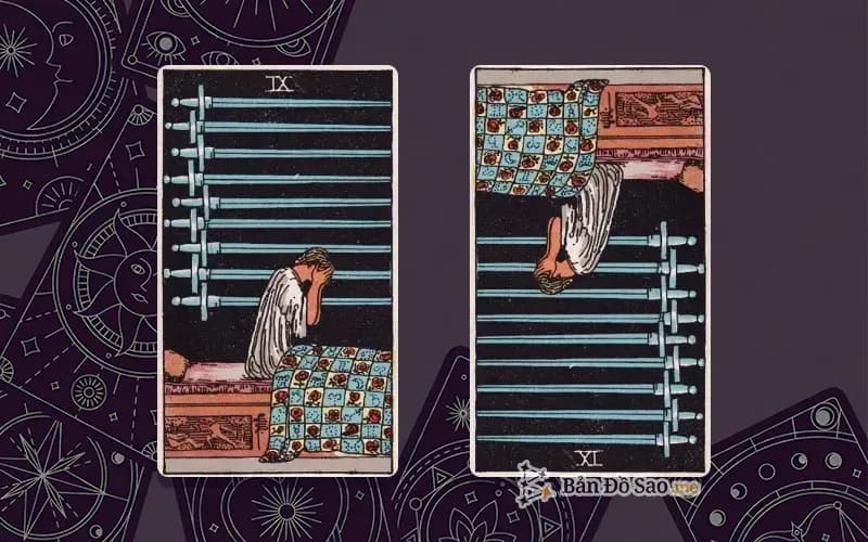 Lá bài Nine of Swords xuôi và ngược, so sánh chiều