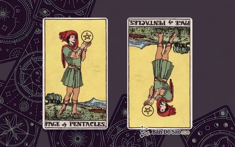 Lá bài Page of Pentacles xuôi và ngược, so sánh chiều