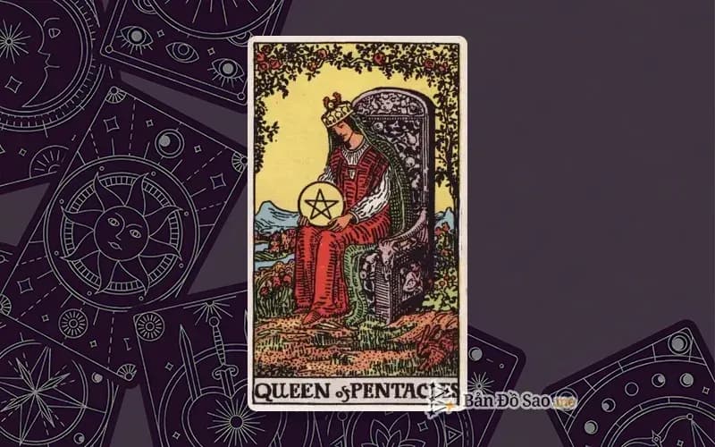 Lá bài Tarot Queen of Pentacles trong bộ Rider Waite Smith với ý nghĩa chăm sóc, nuôi dưỡng và ổn định