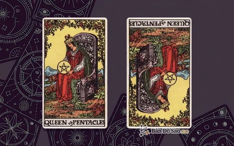 Lá bài Queen of Pentacles xuôi và ngược, so sánh chiều