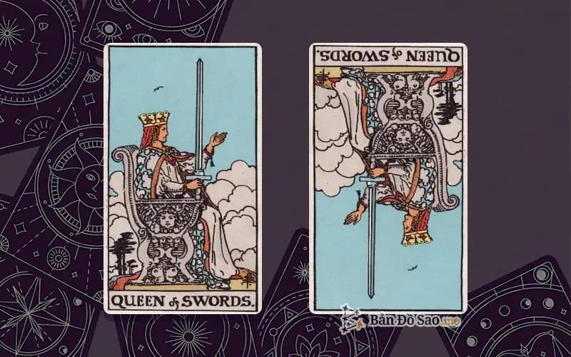 Lá bài Queen of Swords xuôi và ngược, so sánh chiều