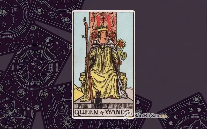 Lá bài Tarot Queen of Wands trong bộ Rider Waite Smith với ý nghĩa tự tin, độc lập và sức cuốn hút