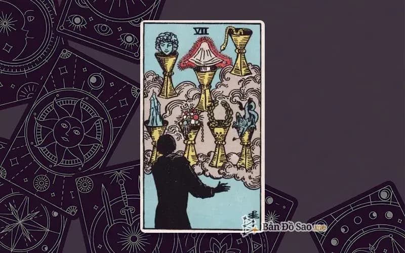 Lá bài Tarot Seven of Cups trong bộ Rider Waite Smith với ý nghĩa ảo tưởng, lựa chọn khó khăn và sự nhầm lẫn