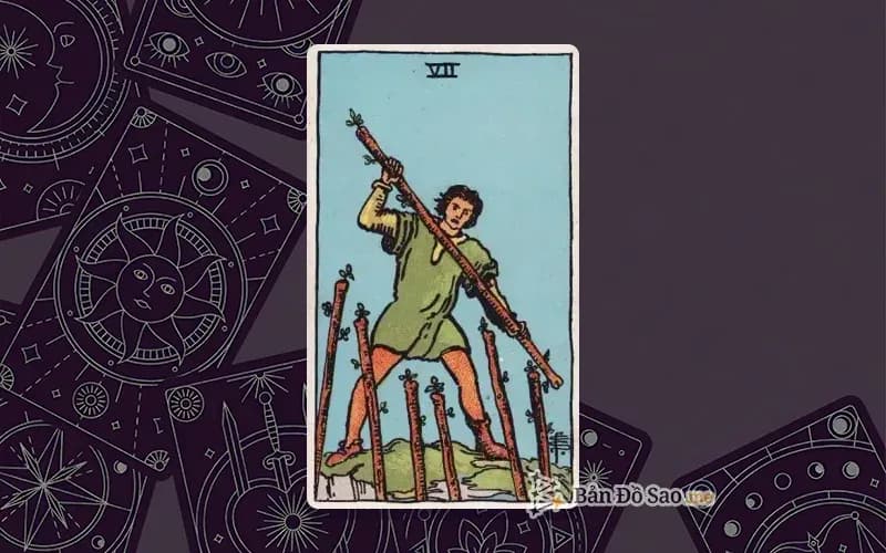 Lá bài Tarot Seven of Wands trong bộ Rider Waite Smith với ý nghĩa bảo vệ, ranh giới và kiên định