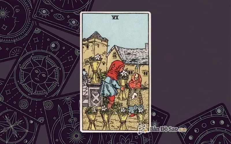 Lá bài Tarot Six of Cups trong bộ Rider Waite Smith với ý nghĩa ký ức, sự vô tư và quay trở về quá khứ