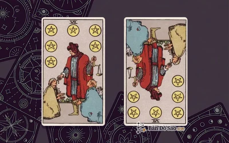 Lá bài Six of Pentacles xuôi và ngược, so sánh chiều