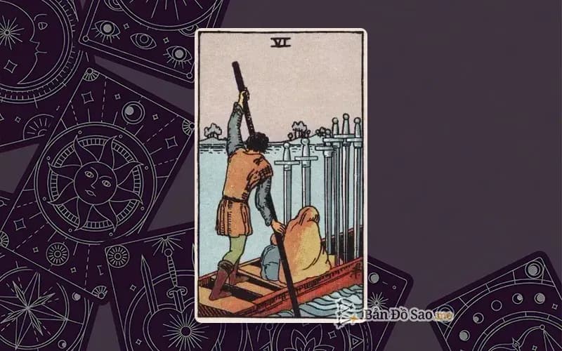 Lá bài Tarot Six of Swords trong bộ Rider Waite Smith với ý nghĩa chuyển động, rời đi và hòa giải