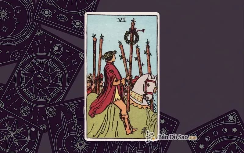 Lá bài Tarot Six of Wands trong bộ Rider Waite Smith với ý nghĩa chiến thắng, công nhận và tự tin