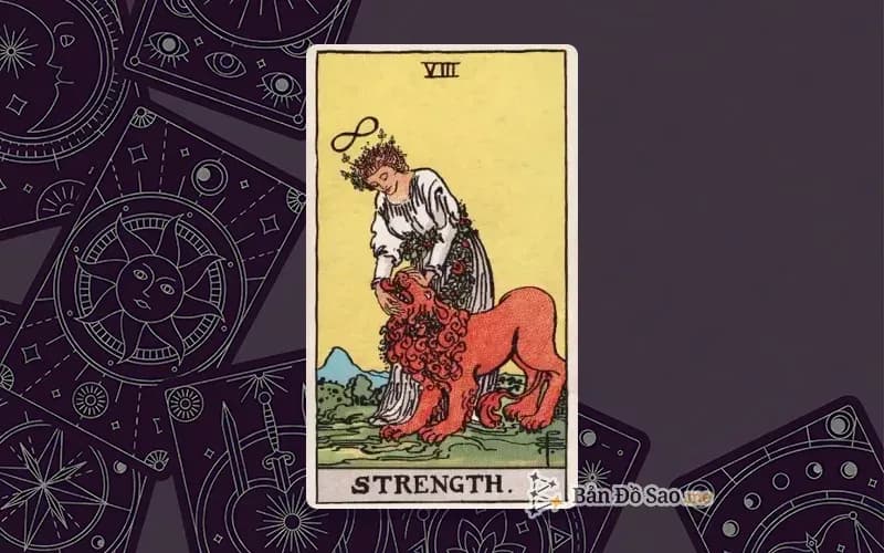Lá bài Tarot Strength trong bộ Rider Waite Smith với ý nghĩa ý chí, kiên nhẫn và sức mạnh lành tính