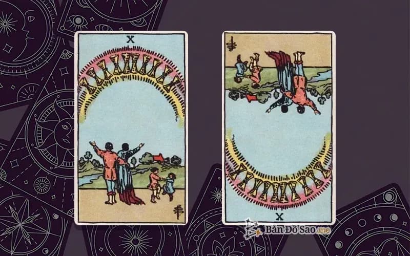 Lá bài Ten of Cups xuôi và ngược, so sánh chiều