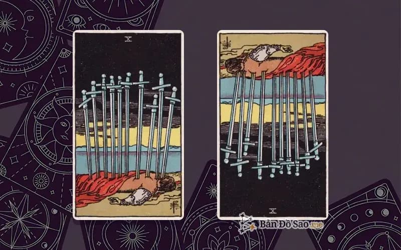 Lá bài Ten of Swords xuôi và ngược, so sánh chiều