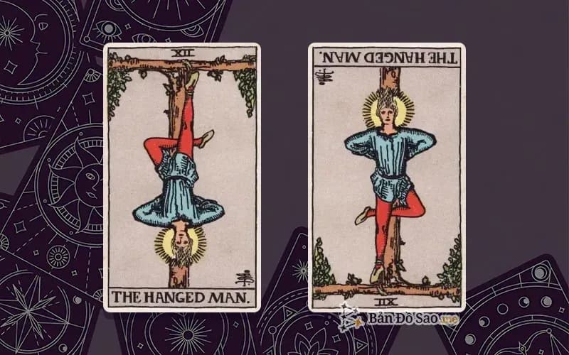Lá bài The Hanged Man xuôi và ngược, so sánh chiều