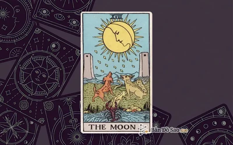 Lá bài Tarot The Moon trong bộ Rider Waite Smith với ý nghĩa ảo tưởng, vô thức và sợ hãi