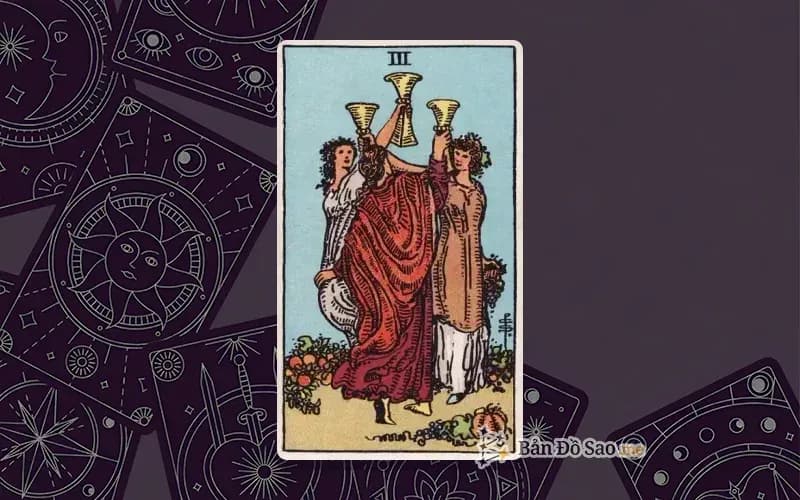Lá bài Tarot Three of Cups trong bộ Rider Waite Smith với ý nghĩa bạn bè, cộng đồng và niềm vui chia sẻ