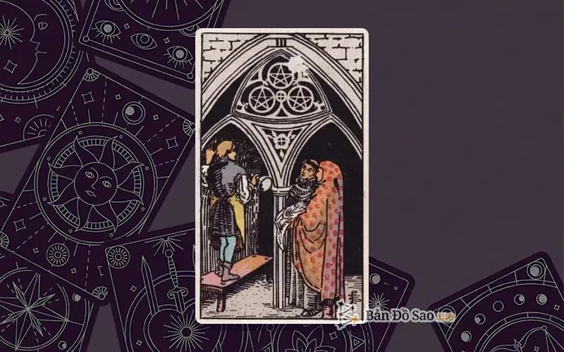 Lá bài Tarot Three of Pentacles trong bộ Rider Waite Smith với ý nghĩa kỹ năng, hợp tác và chuyên môn