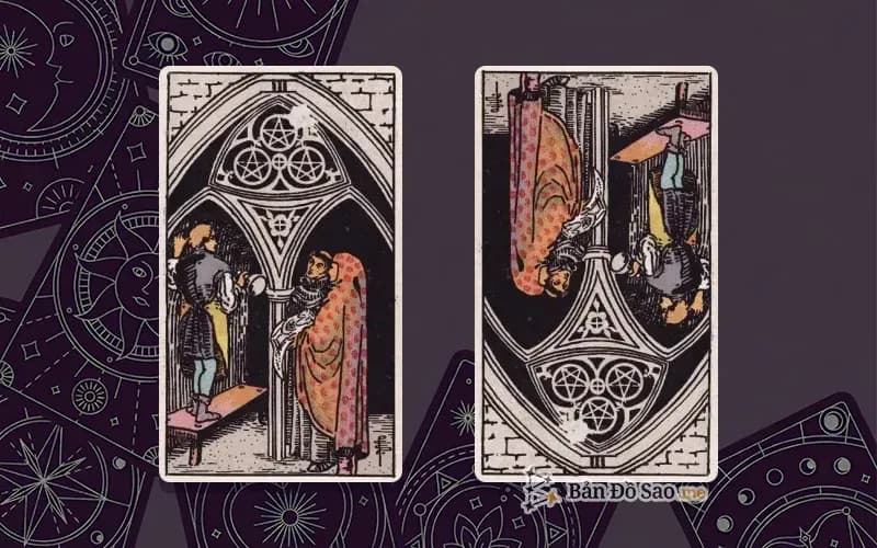 Lá bài Three of Pentacles xuôi và ngược, so sánh chiều