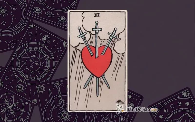Lá bài Tarot Three of Swords trong bộ Rider Waite Smith với ý nghĩa đau buồn, mất mát và chấp nhận sự thật
