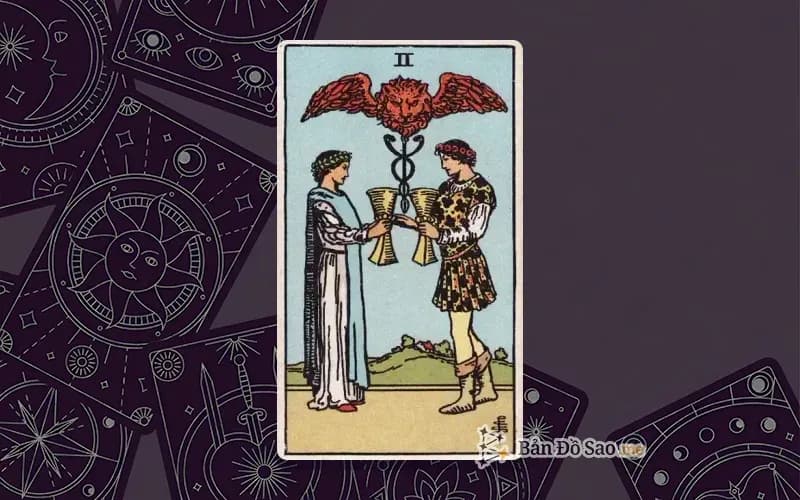 Lá bài Tarot Two of Cups trong bộ Rider Waite Smith với ý nghĩa kết nối, hòa hợp và tương hỗ