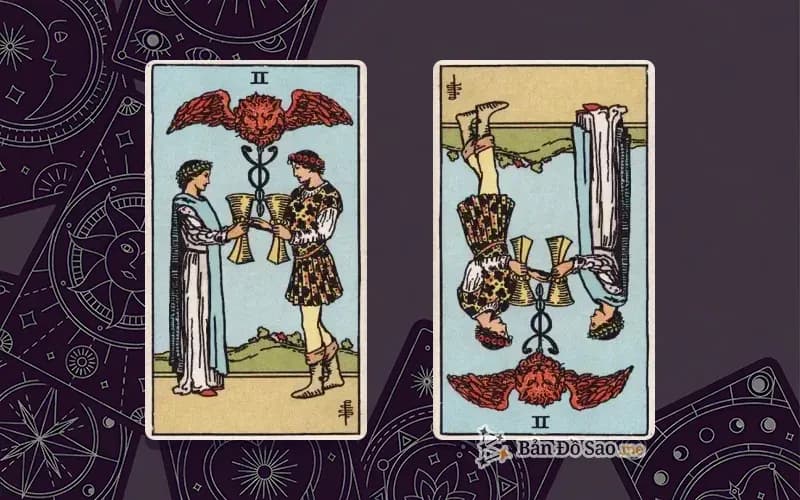 Lá bài Two of Cups xuôi và ngược, so sánh chiều