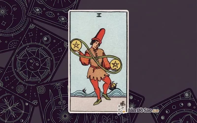 Lá bài Tarot Two of Pentacles trong bộ Rider Waite Smith với ý nghĩa cân bằng, linh hoạt và thích ứng
