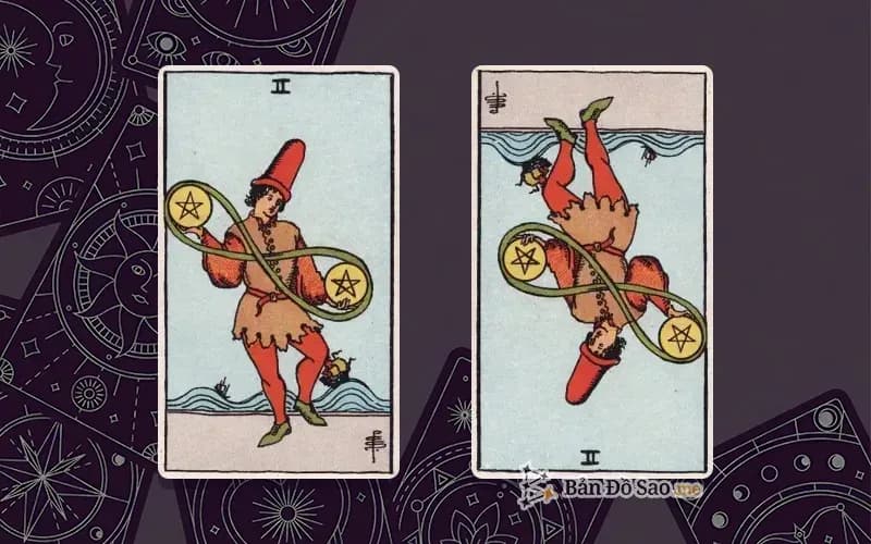 Lá bài Two of Pentacles xuôi và ngược, so sánh chiều