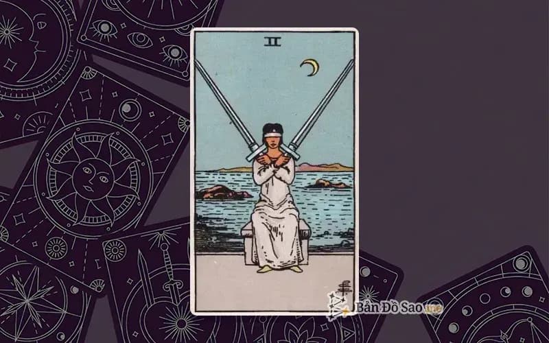 Lá bài Tarot Two of Swords trong bộ Rider Waite Smith với ý nghĩa xung đột, lơ lửng và bị mắc kẹt