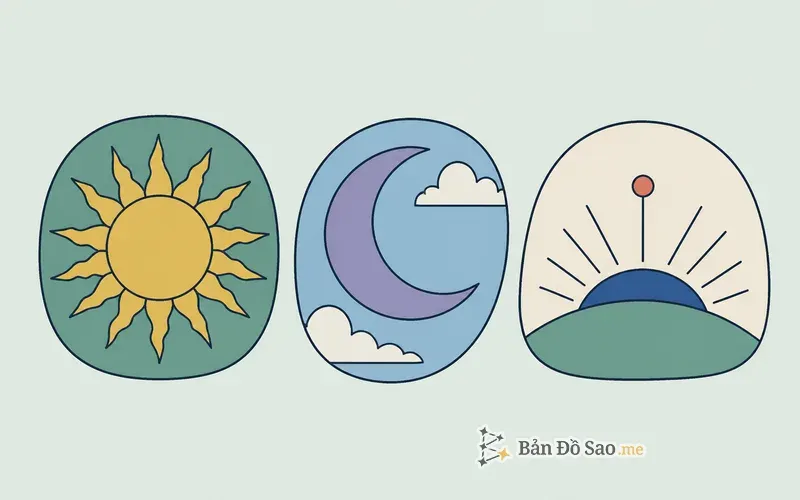 Ba biểu tượng Mặt Trời, Mặt Trăng và Cung Mọc trong bộ ba cốt lõi của bản đồ sao