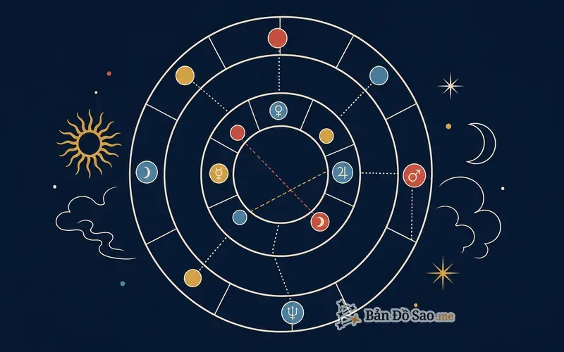 Minh họa cách đọc synastry chart theo từng bước với biểu đồ so sánh hai lá số