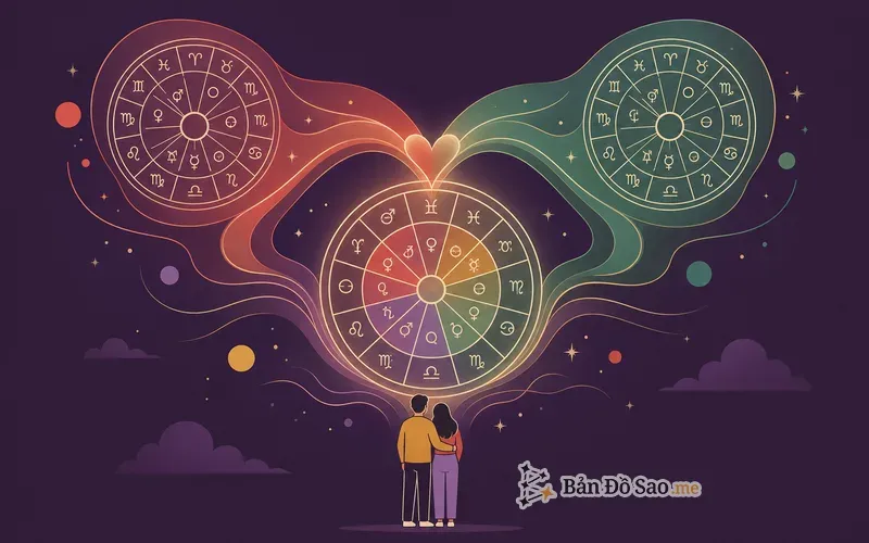 Minh họa composite chart hợp nhất hai lá số thành một bản đồ sao của mối quan hệ